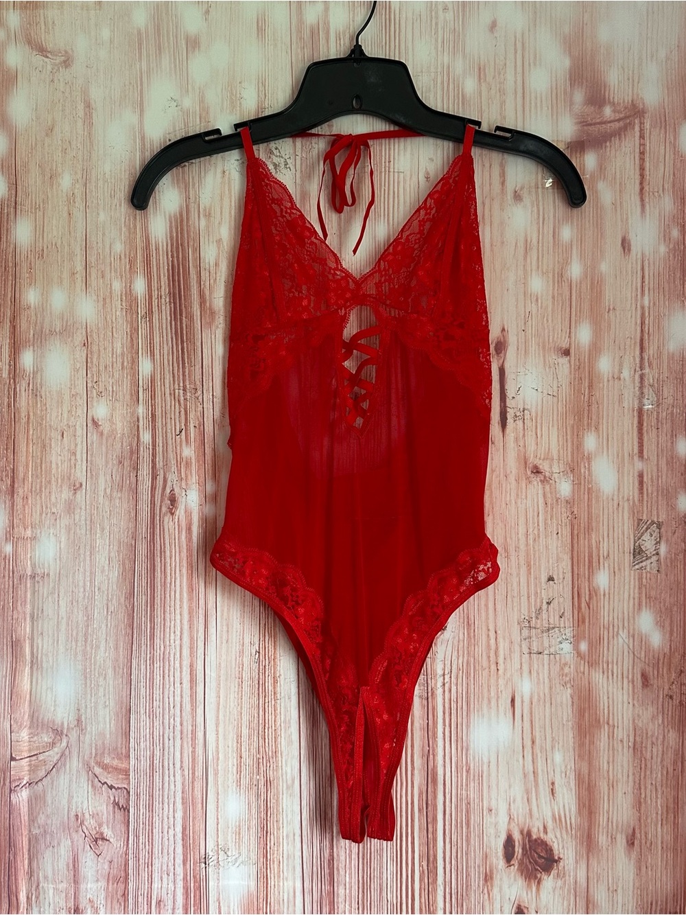 Pure Romance Red Peek A Boo Red Hot Open Gusset Halter Bodysuit Lingerie OS